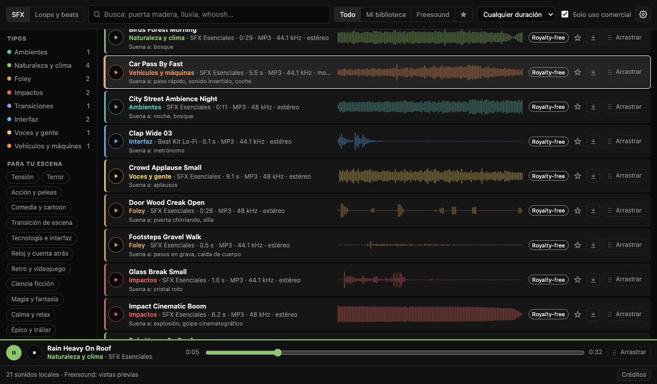AudioDrop mostrando una biblioteca de efectos de sonido clasificados por colores, con formas de onda, etiquetas «Suena a» y un sonido de lluvia reproduciéndose